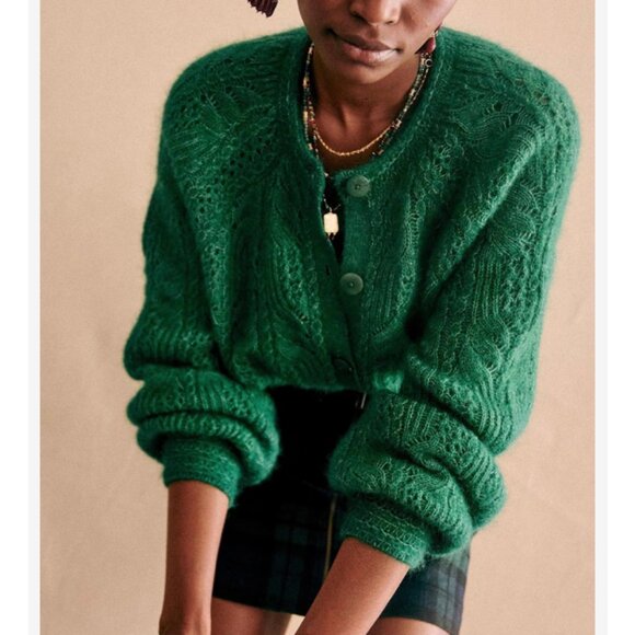 BEST Sezane Alma Cardigan Perfect Green Kid Mohair Sweater Knit French - Picture 2 of 8